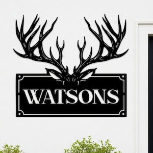Plaque en métal personnalisée en bois de cerf, art mural de cabine personnalisé, décoration de pavillon de chasse rustique, enseigne d&#39;adresse silhouette cerf, cadeau pour amateur de plein air