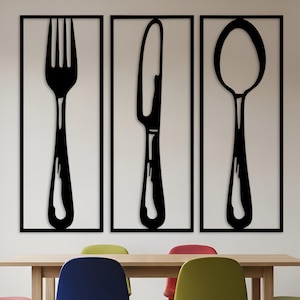 Utensil Metal Wall Art Set, Fork Knife Spoon Kitchen Decor, Modern Dining Room Wall Sign, Vertical Black Cutlery Wall Panel Triptych