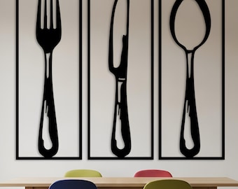 Utensil Metal Wall Art Set, Fork Knife Spoon Kitchen Decor, Modern Dining Room Wall Sign, Vertical Black Cutlery Wall Decor Triptych