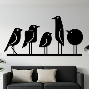 Modern Bird Family Metal Wall Art, Minimalist Bird Silhouette Decor, Contemporary Birds on Wire Sign, Geometric Bird Artwork for Living Room