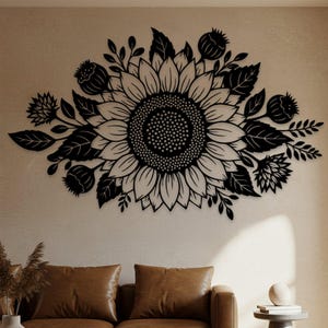 Sunflower Oversized Metal Wall Art, Large Floral Wall Decor, Boho Botanical Sunflower Sign, Black Metal Flower Home Wall Art Gift