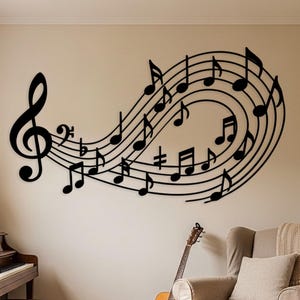 Decorazione da parete in metallo con note musicali, decorazione da parete con chiave di violino fluente, grande decorazione da parete per studio musicale, decorazione orizzontale per sala musica, regalo per musicista