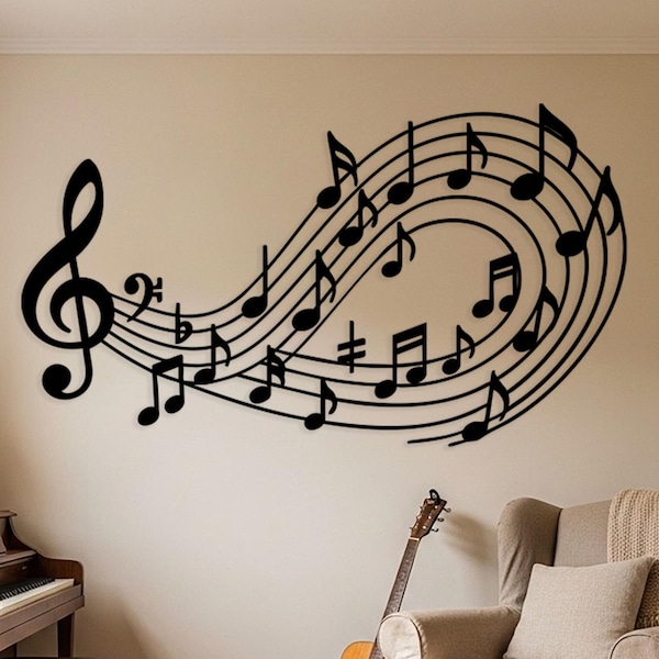 Music Notes Metal Wall Art, Flowing Treble Clef Wall Decor, Large Music Studio Wall Art, Horizontal Music Room Decor, Gift for Musician