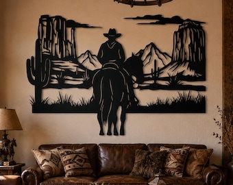 Cowboy Metal Wall Art, Western Metal House Decor, Desert Mountain Scene Sign, Rustic Ranch Home Decor, Country Outdoor Wall Art