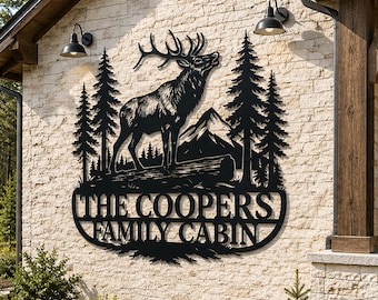 Custom Elk Metal Cabin Sign, Personalized Mountain Lodge Wall Art, Outdoor Cabin Sign, Wildlife Family Name Decor, Custom Cabin Gift