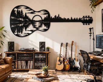 Guitar Landscape Metal Wall Art, Forest Lake Scene Wall Decor, City Skyline Guitar Sign, Musical Nature Decor, Gift for Guitarists