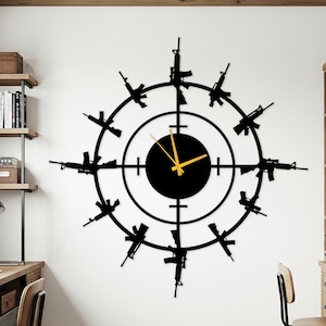 May include: Black wall clock featuring a circular design with a black center and gold hands. The clock's outer ring is adorned with black rifle silhouettes, creating a unique and bold statement piece for any room.
