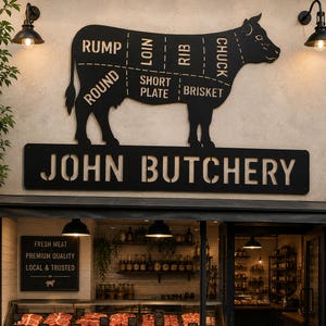 May include: A black metal sign for "John Butchery" with a cow silhouette showing meat cuts. Below, the shop entrance displays fresh meat and a sign stating "Fresh Meat, Premium Quality, Local & Trusted". The shop is lit by hanging lamps.