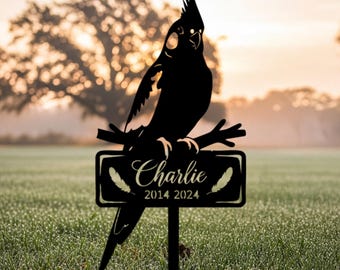 Cockatiel Memorial Garden Stake, Metal Personalized Bird Grave Marker for Pet Loss, Custom Outdoor Parrot Tribute Sign with Name and Years