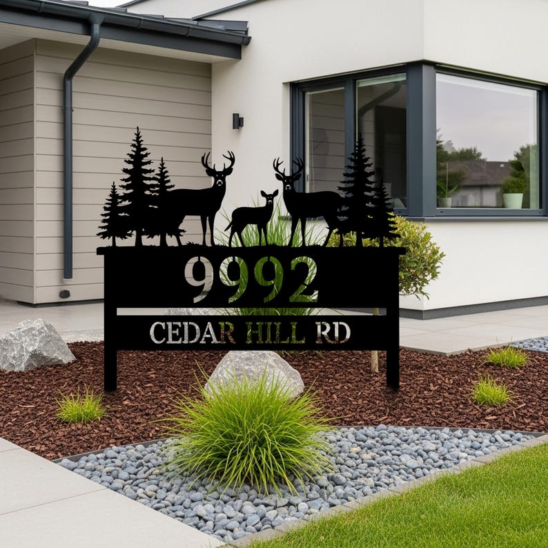 Deer Forest Metal Address Yard Sign, Custom House Number Garden Stake ...