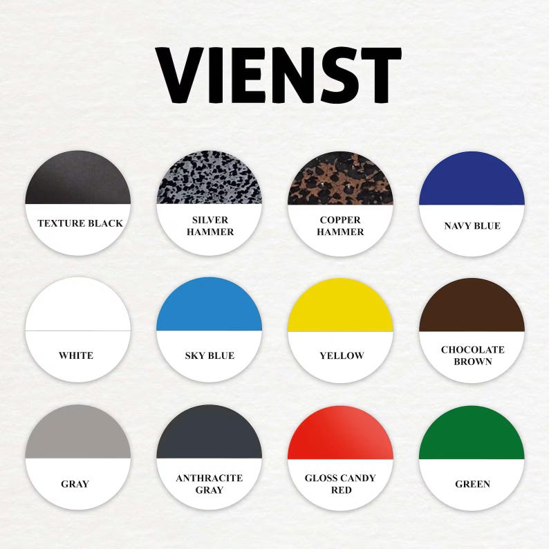 以下が含まれることがあります： 「VIENST」の文字と、一連の色見本が写っている画像。色見本には、Texture Black、Silver Hammer、Copper Hammer、Navy Blue、White、Sky Blue、Yellow、Chocolate Brown、Gray、Anthracite Gray、Gloss Candy Red、Greenが含まれています。