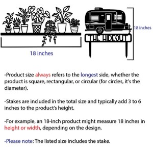 May include: Black metal decorative sign featuring a camper and a shelf with potted plants. The sign includes the text "THE HIDEOUT" and measures 18 inches in length.