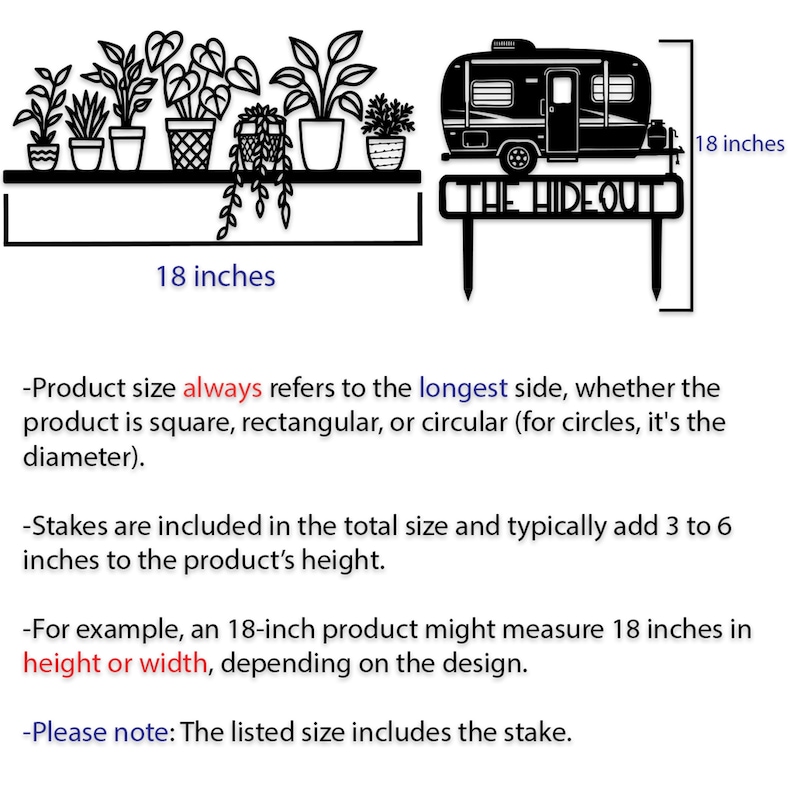 May include: Black metal decorative sign featuring a camper and a shelf with potted plants. The sign includes the text "THE HIDEOUT" and measures 18 inches in length.