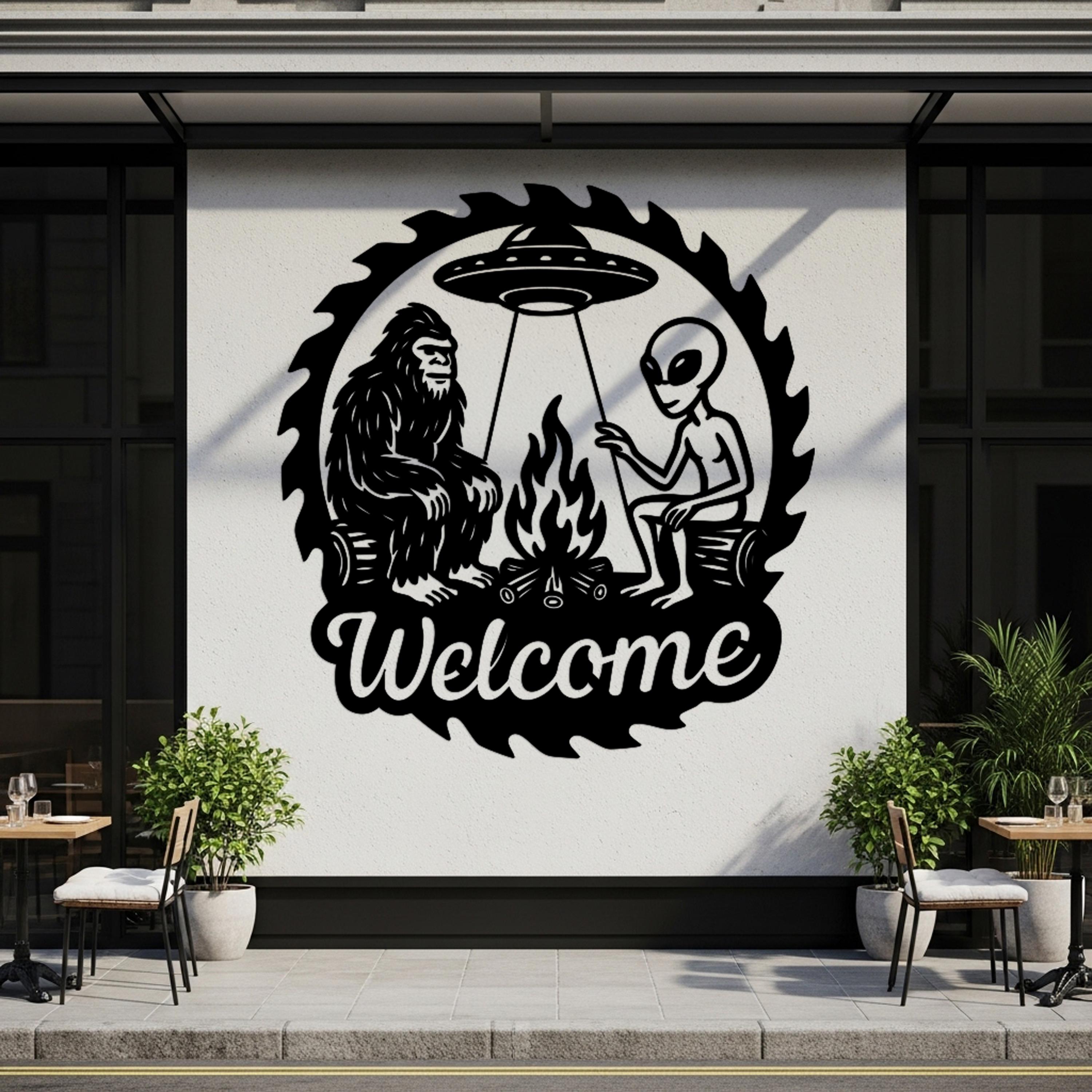 Funny Welcome Sign, Bigfoot Alien Campfire Wall Decor, UFO Cabin Metal ...