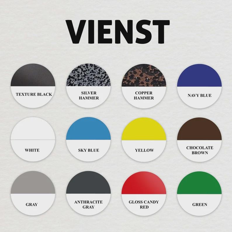 May include: A color chart with the word "VIENST" at the top. The chart displays 12 color swatches, including Texture Black, Silver Hammer, Copper Hammer, Navy Blue, White, Sky Blue, Yellow, Chocolate Brown, Gray, Anthracite Gray, Gloss Candy Red, and Green.