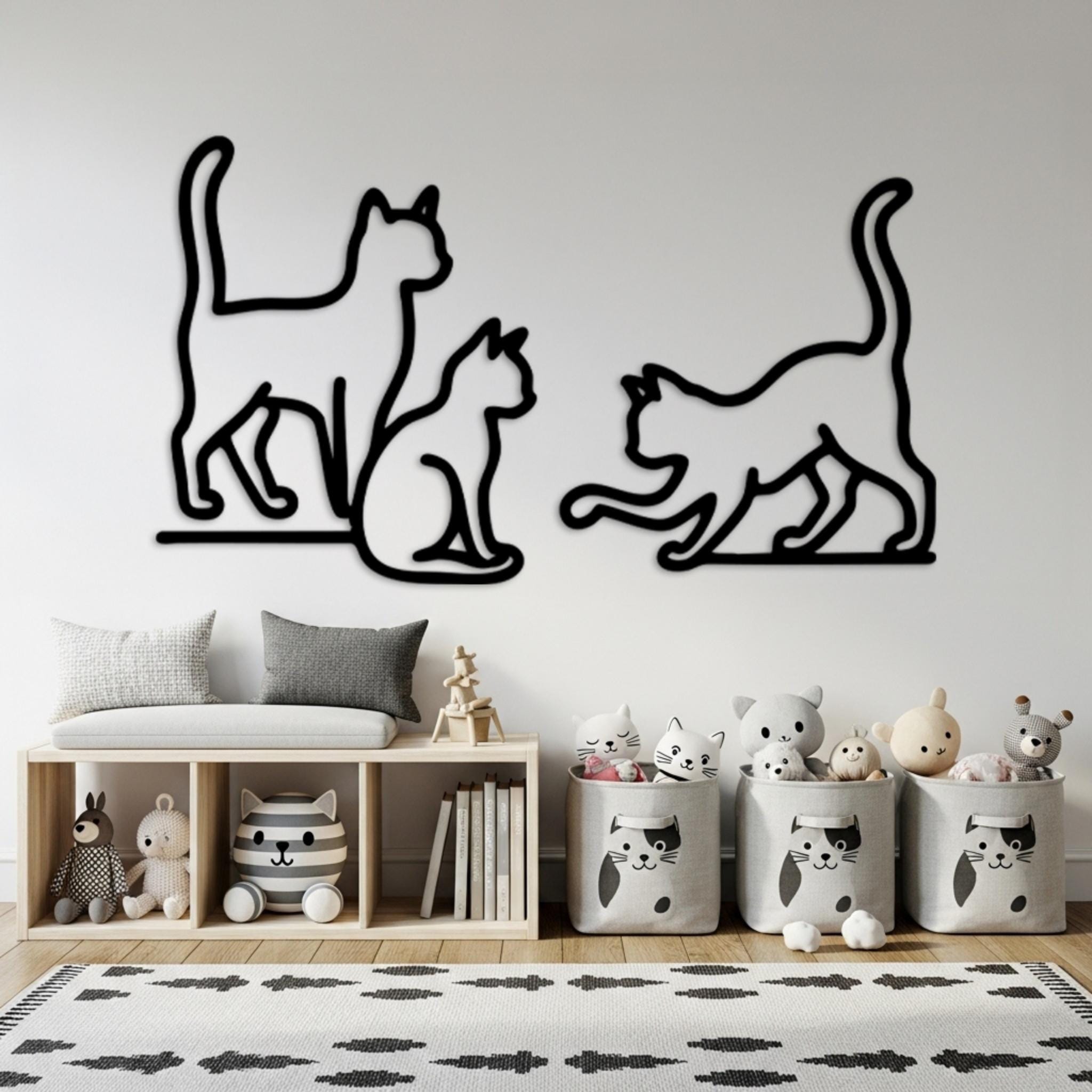 Playful Cat Line Wall Decor, Minimal Modern Cat Line Art, Funny Feline Room Sign, Metal Cat Design for Living Room, Cute Pet Lover Gift,