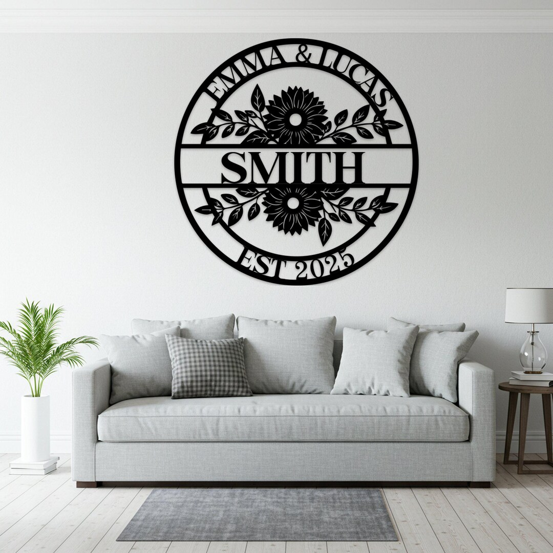 Custom Family Name Metal Sign, Personalized Floral Circle Wall Art ...