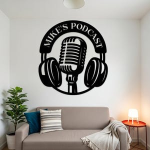 Custom Podcast Studio Metal Sign, Personalized Microphone Headphones Wall Art, Podcaster Room Wall Decor, Gift for Content Creators