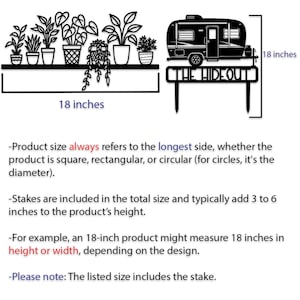 以下が含まれることがあります： キャンピングカーと鉢植えの植物が描かれた黒い金属製の装飾看板。「THE HIDEOUT」の文字入り。長さは45.7cmです。