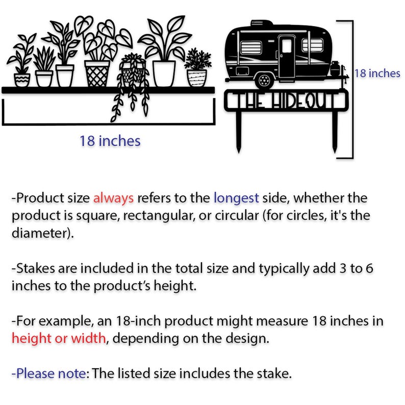 以下が含まれることがあります： キャンピングカーと鉢植えの植物が描かれた黒い金属製の装飾看板。「THE HIDEOUT」の文字入り。長さは45.7cmです。