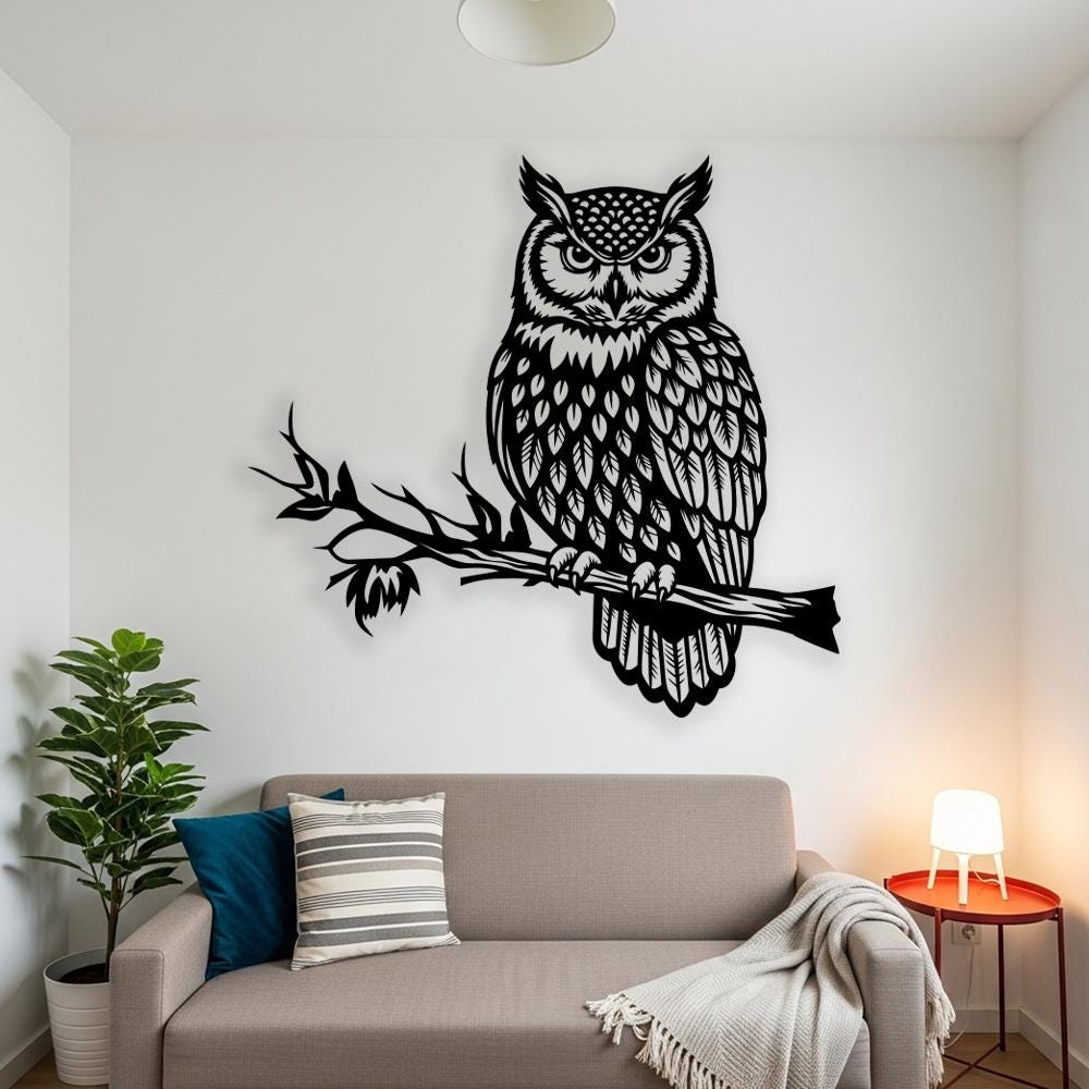 Owl Branch Metal Wall Art, Cabin Wall Decor, Oversized Owl Wall Sign ...