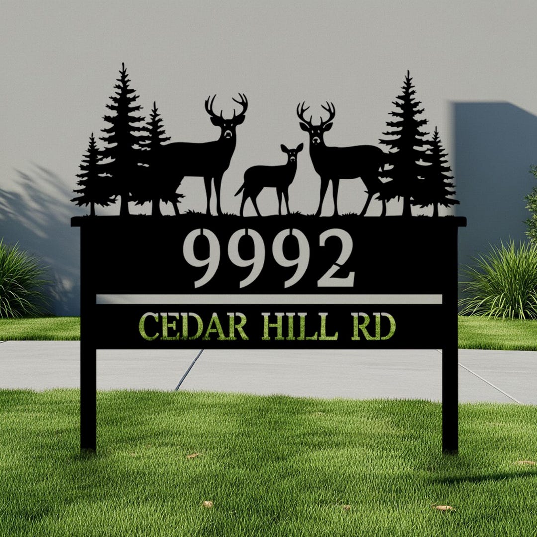 Deer Forest Metal Address Yard Sign, Custom House Number Garden Stake ...