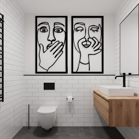 Funny Face Line Art Bathroom Sign, Minimalist Toilet Wall Decor, Modern Metal Wall Art for Restroom, WC, Powder Room, Washroom, Humor Gift