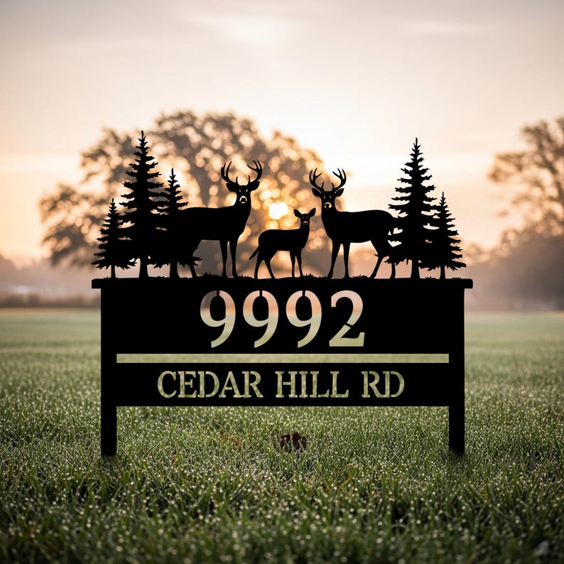 Deer Forest Metal Address Yard Sign, Custom House Number Garden Stake ...