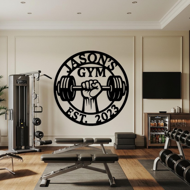 Custom Gym Metal Sign, Personalized Weightlifting Wall Art, Barbell Workout Room Decor, Fitness Name Sign, Gift for Gym Lovers image 1
