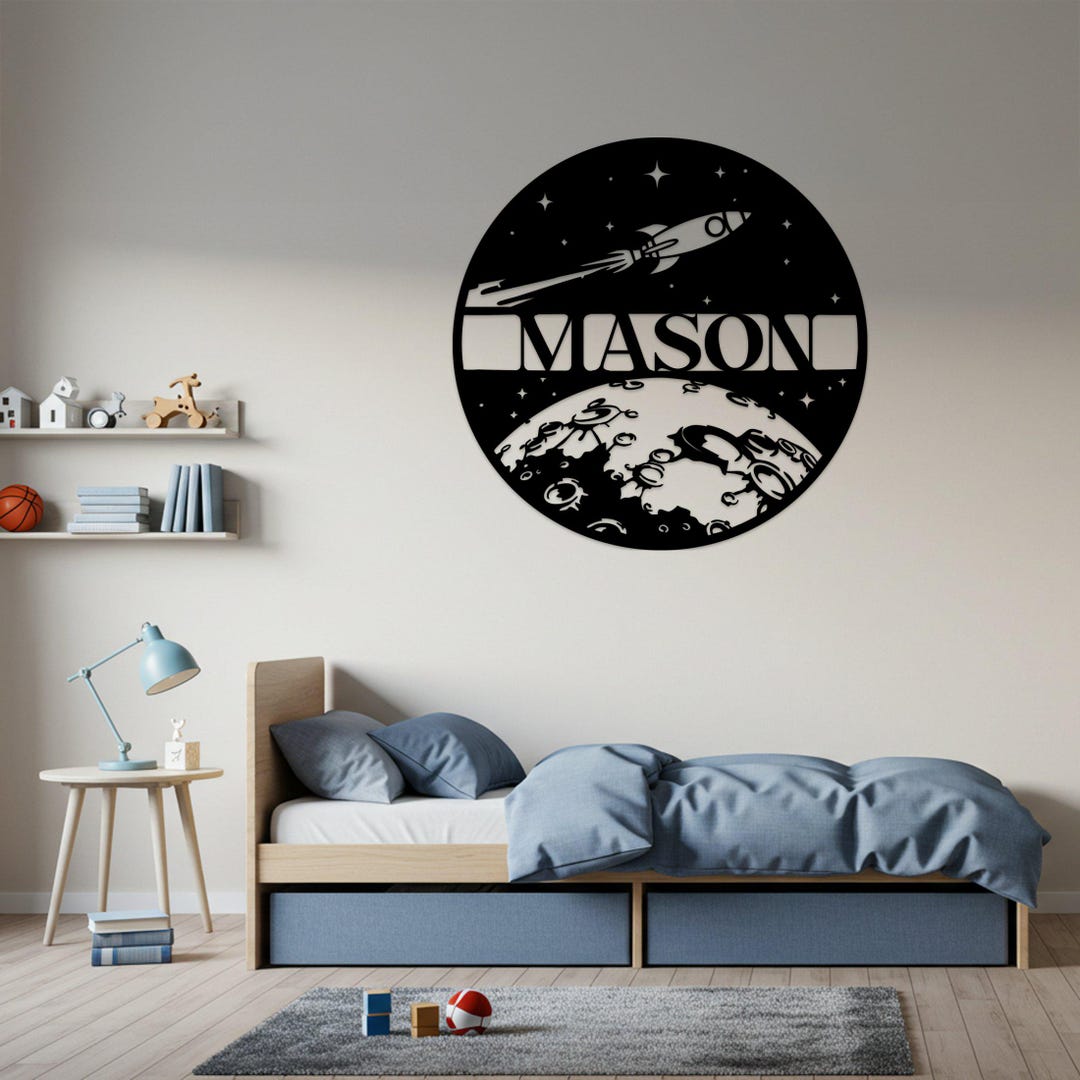 Custom Space Metal Wall Art, Rocket Ship Decor, Personalized Moon Stars ...