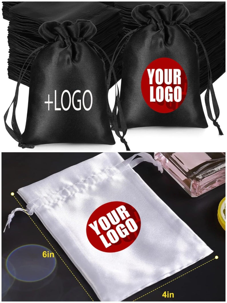 May include: Black and white satin drawstring bags with the text "+LOGO" and "YOUR LOGO" printed on them. The white bag measures 6 inches by 4 inches. These bags are ideal for packaging small gifts or merchandise.