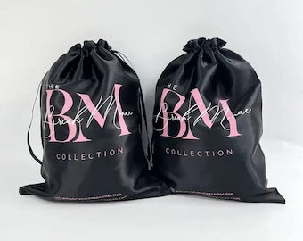 Custom Silk satin black drawstring Printing Gift Satin Bag cosmetic pouch bag with white Logo
