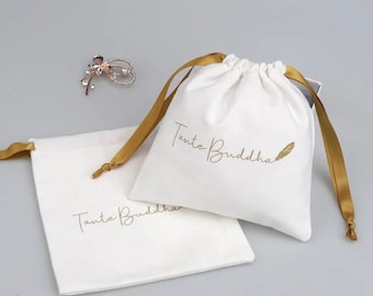 50pcs white cotton canvas bag personalized logo custom jewelry packaging drawstring pouch with ribbon dusty bag gift bag