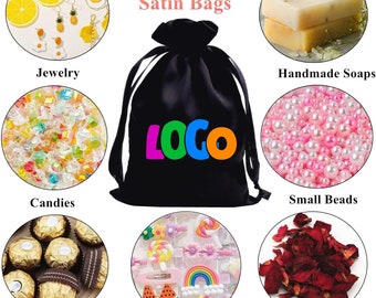 May include: A collage of images showing various uses for black satin drawstring bags. The bags are shown filled with jewelry, candies, small beads, handmade soaps, chocolate, hair accessories, and dried flowers. The bags have a logo printed on them that says "LOGO" in colorful letters.