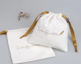 50pcs white cotton canvas bag personalized logo custom jewelry packaging drawstring pouch with ribbon dusty bag gift bag