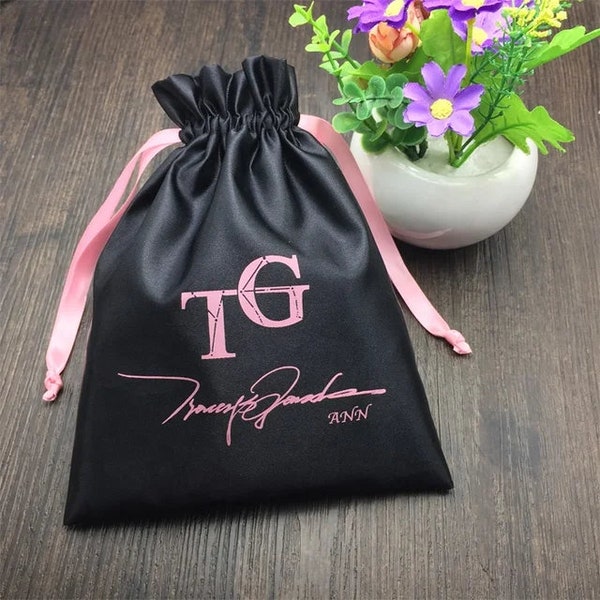 20/30/50 Custom Logo Satin Bag Werbe Kordelzug Aufbewahrung Staubschutz für Handtasche Custom Satin Haarbeutel Bulk, Custom Logo Perücke Verpackung