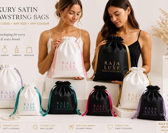May include: A collection of satin drawstring bags in various sizes and colors, including white and black, featuring the text RAJA LUXE. The bags have matching ribbons and are displayed with a list of available sizes from 2 inches by 3 inches to 14 inches by 16 inches.