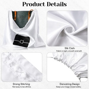 May include: White satin bag with a black purse graphic. The bag has a drawstring closure and is designed to keep bags closed safely. The fabric is light, smooth, and soft. The bag has strong stitching.