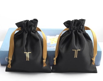 Set of 10/20 Black Satin Bags Gold Print  Solid  Party Storage Drawstring Packaging Bag Custom  logo  Anti-dust Bag Party Drawstring Bag