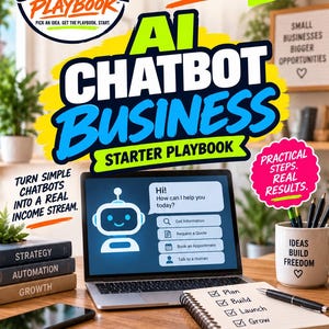 May include: A digital guide titled AI Chatbot Business Starter Playbook featuring a laptop displaying a chatbot interface, a notebook with a checklist, and a mug labelled Ideas Build Freedom. The cover includes text about side hustles and business growth.