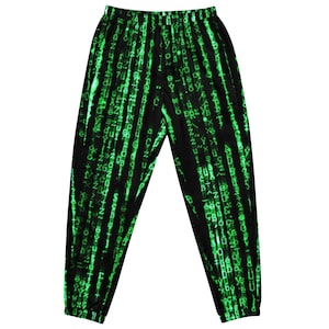May include: Black sweatpants with a green and black digital code print.