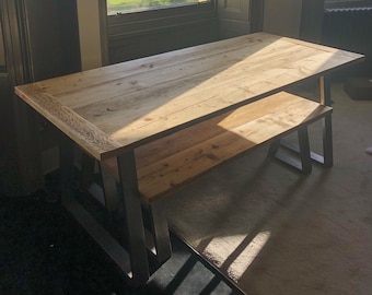 Reclaimed Scaffold Dining Table & Bench set with Trazpezium Legs