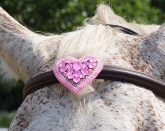Equestrian browband brooch, pink, heart shape, attachable