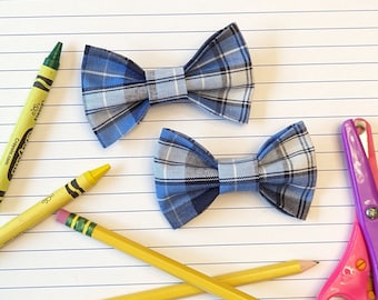 School Uniform Bows, Blue and White Plaid Uniform, School Hair Bow Sets, Set of 2, Pigtail Bows, Back to School Hair Bows, Uniform Plaid 76
