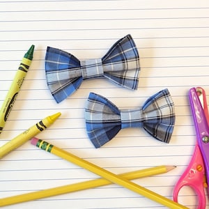 School Uniform Bows, Blue and White Plaid Uniform, School Hair Bow Sets, Set of 2, Pigtail Bows, Back to School Hair Bows, Uniform Plaid 76