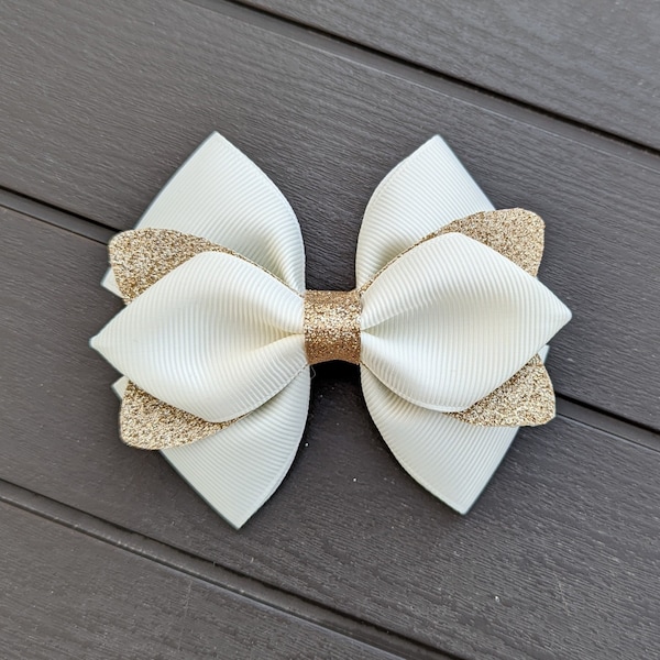 Ivory and Gold Glitter Hair Bow, Glitter Hair Clip, Wedding Hair Bow, Flower Girl Hair Bow