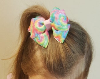 Pastel Tie Dye Hair Bow, Rainbow Tie Dye Bow, Summer Hair Bow