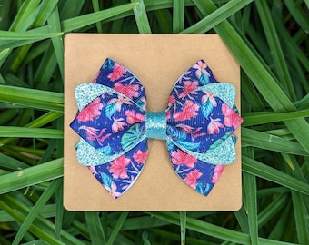 Tropical Glitter Hair Bow, Hawaii Hair Bow, Summer Hair Bow, Tropical Flower Bow, Tropical Blue and Pink Hair Bow