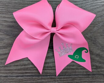 Pink Hair Bow with Crown and Witch Hat, Sparkle Bow, Gift for Girl, Bow inspired by the Wicked movie