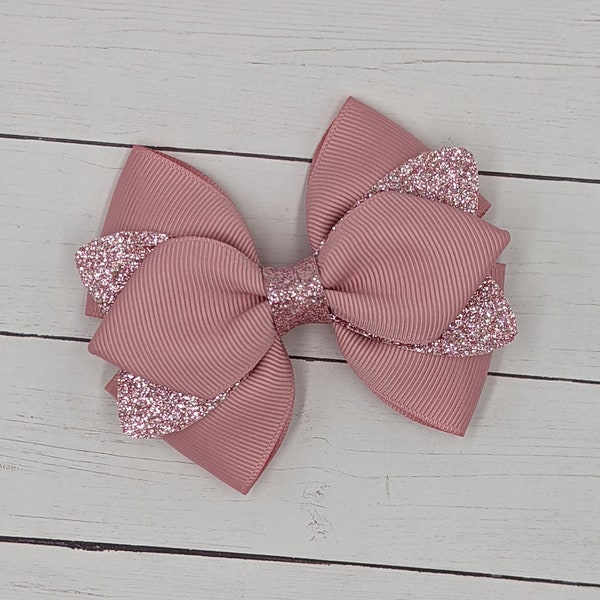 Dusty Rose Glitter Hair Bow // Layered Hair Bow, Spring Hair Clip, Glitter Hair Clip, Wedding Hair Bow, Flower Girl Hair Bow